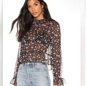 NWOT BCBGeneration Sheer Smocked Mock Neck Blousr In Black Floral Print Size S.